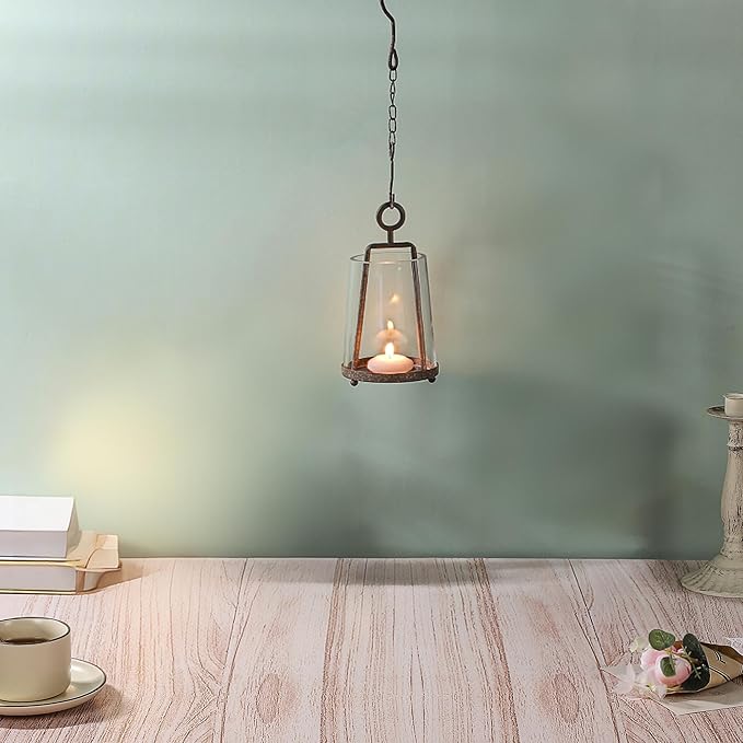 4" Wide Modern Farmhouse Metal Hurricane Candle Holder with Handmade Sturdy Glass Sleeve in Rustic Brown for 2" Pillar Candle & Plants, Glass Hurricane Lantern, Industrial, Minimalistic