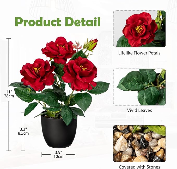 Hollyone Artificial Plants & Flowers with Vase Red Roses Artificial Flowers Small Potted Plant Faux Silk Flower with Black Pot Fake Rose Flower Arrangement Office Shelf Desk Home Decor 11 Inch