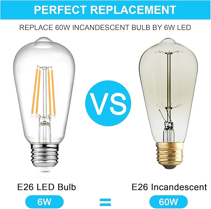 Ascher Vintage LED Edison Bulbs, 6W, Equivalent 60W, Non-Dimmable, High Brightness Warm White 2700K, ST58 Antique LED Filament Bulbs with 80+ CRI, E26 Medium Base, Clear Glass, Pack of 4