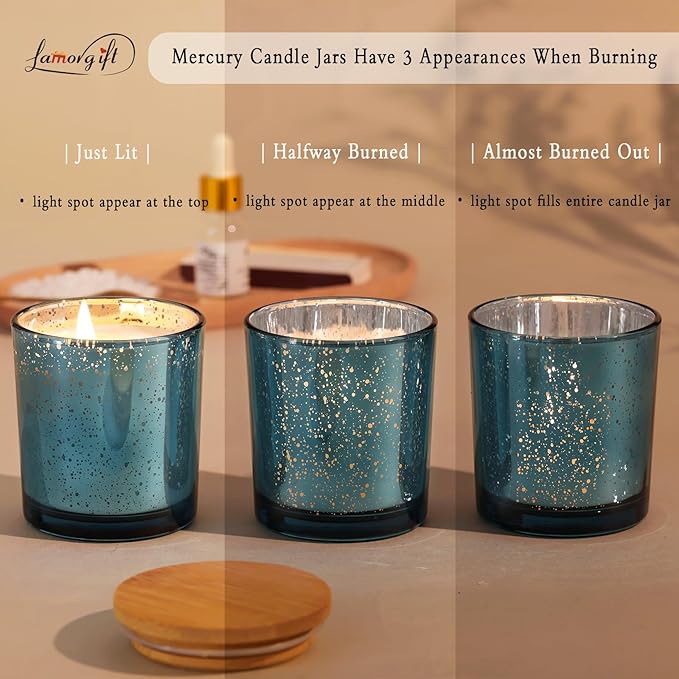 LAMORGIFT 15 Pack Glass Candle Jars with Lids (8oz, Lake Blue) - Candle Making Jars Containers for Making Candles - Mercury Glass Candle Jars include 20 Pcs Labels