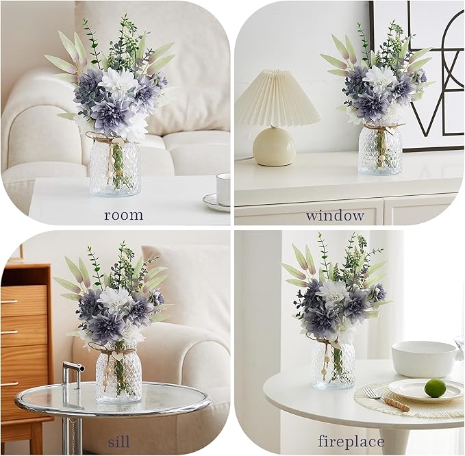 Fake Flowers with Vase Combo Bue Wite Flowers Mix Silk Artificial Flowers Dahlia, Fake Plastic Flowers Bulk Decoration, Faux flower for Wedding Bridal Bouquets, Floral Arrangement, Table Centerpieces