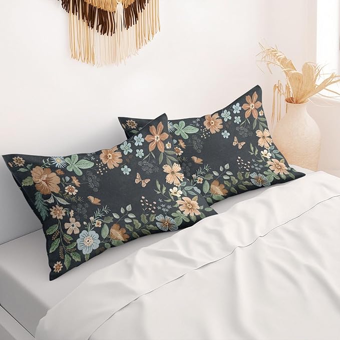 Floral Pillow Protectors with Zipper Standard Size Boho Wildflower Pillow Covers Set of 2 Rustic Moody Botanical King Size Pillowcases Farmhouse Dark Pillowcover Bedding Decorative 36"x20"