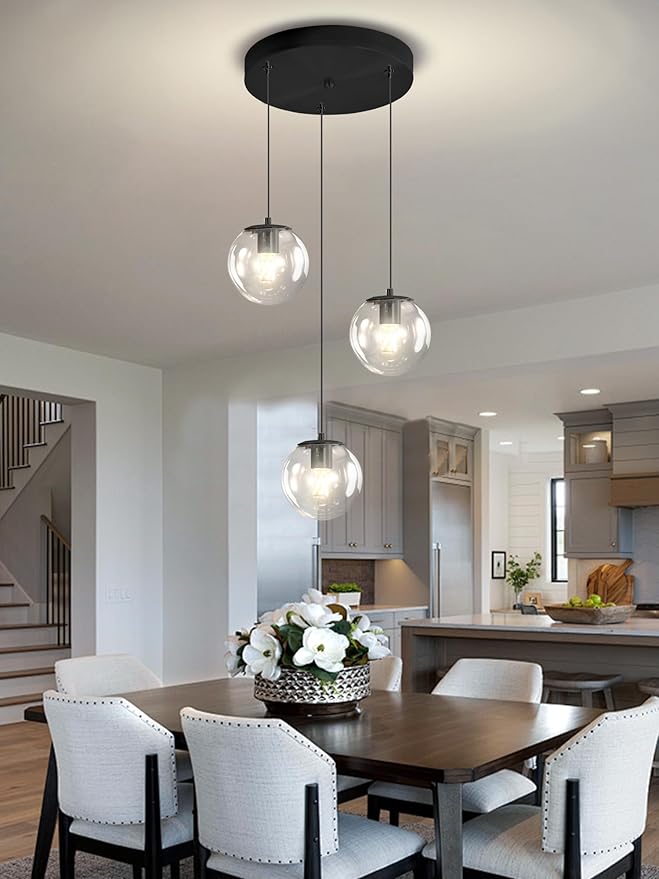 3-Light Small Chandelier LED Modern Glass Globe Pendant Light Chandeliers for Entryway Lighting Fixture Bedroom and Dining Room