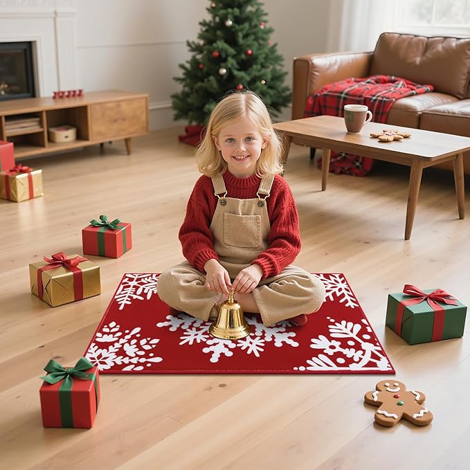 HEBE Christmas Area Rug - 2'x3' Non Slip Boho Red Snow Rugs for Living Room, Washable Soft Area Rugs for Bedroom Christmas Low Pile Indoor Floor Carpet for Entryway Xmas Holiday Decor