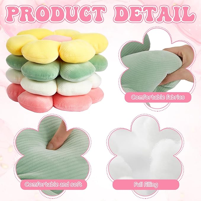 Reginary 4 Pcs Flower Floor Pillows Cute Plush Flower Throw Pillows Daisy Floor Seat Cushion Chair Pads for Christmas First Day of School for Sofa Couch Bed Decor(15 Inch,Light Color)