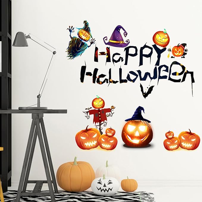 Happy Halloween Wall Decals – Removable Vinyl Stickers with Pumpkins, Witches, Bats & Scarecrow, Halloween Decorations for Home, Office, Shop Window, Party Wall Decor