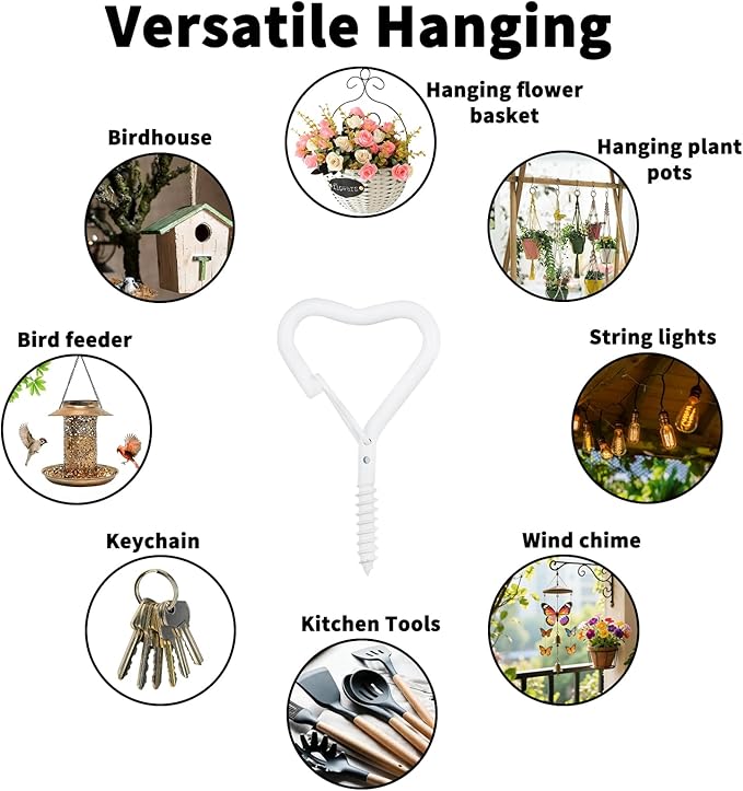 Hooks for Hanging - Ceiling Hooks for Outdoor Decor, Metal Key Hook, Decorative Plant Hanging, Clothes Hook, Heart-Shaped Screw Hooks Easy Installation (White, 10Pcs)