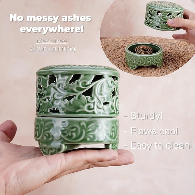 Incense Burner with Lid, Ceramic Incense Holder for Stick Cones & Coils Incense with Burn Cotton for Home, Office, Yoga, Green Lotus