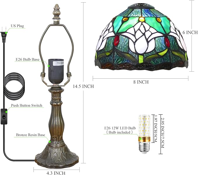 Small Tiffany Lamp Stained Glass Table Lamp Mini Accent Lamp Handmade Desk Memory Lamp Sympathy Bedside Night Light 8X14 Inch (Tulip Flower Style)