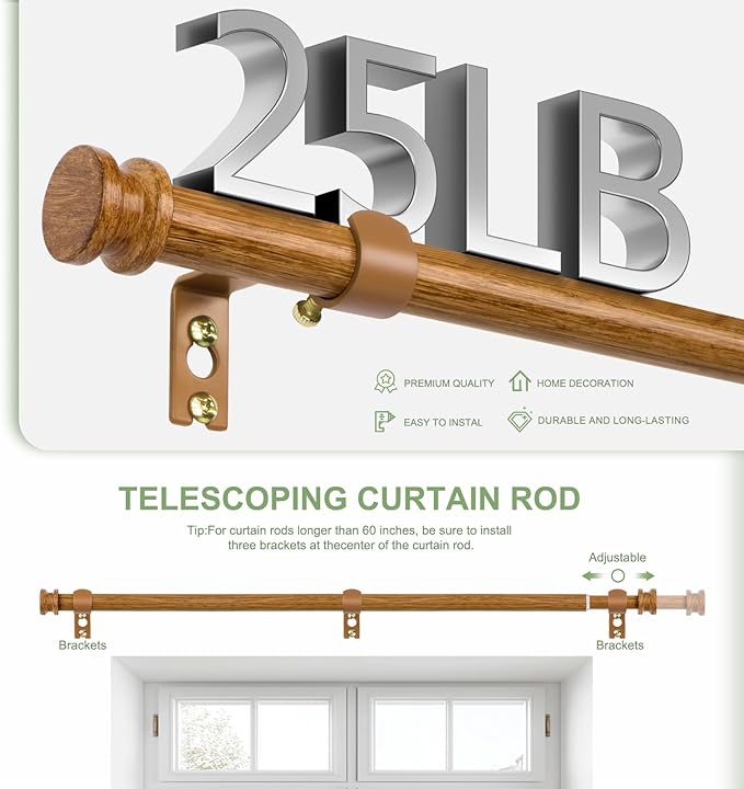 Sturdy Durable Curtain Rod:Faux Wood Curtain Rods for Windows 36-88",Adjustable Heavy Duty Curtains Rod for Bedroom/Kitchen/Apartment/Door,Small Decorative Farmhouse Boho Drapery Rods,All-Metal