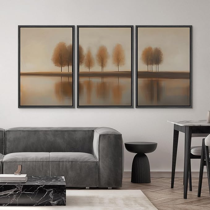 SIGNWIN Framed Canvas Print Wall Art Set Golden Autumn Trees by The Lake Tranquil Nature in Warm Earth Tones Illustrations Modern Art Decorative Zen for Living Room, Bedroom, Office - 24"x36"x3 Black