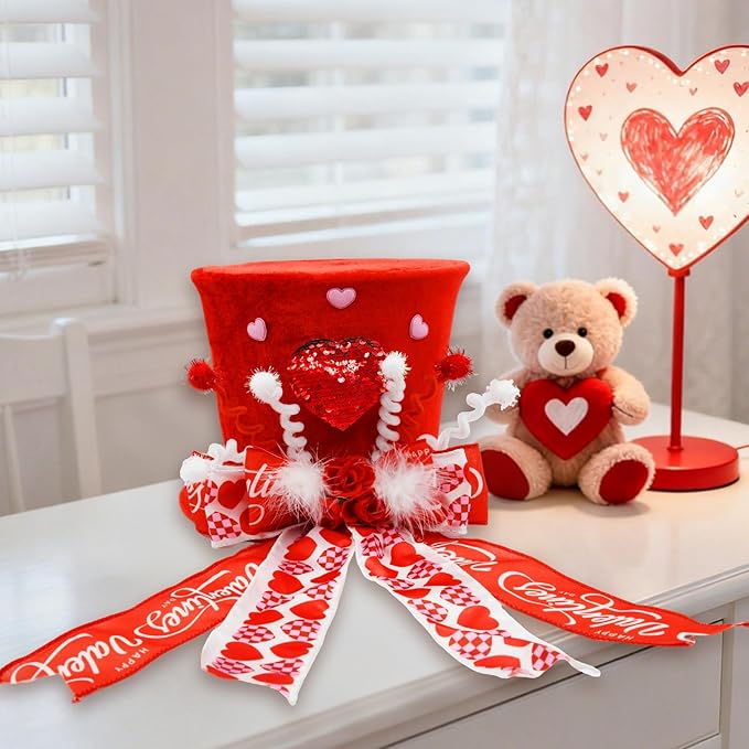 Valentine's Day Tree Topper Hat Decor, Valentines Day Heart Ribbon Bow Hat Decorations for Tree, Galentines Day Decorations Tree Ornaments, Valentine Velvet Heart Bow Hat, Valentines Gifts