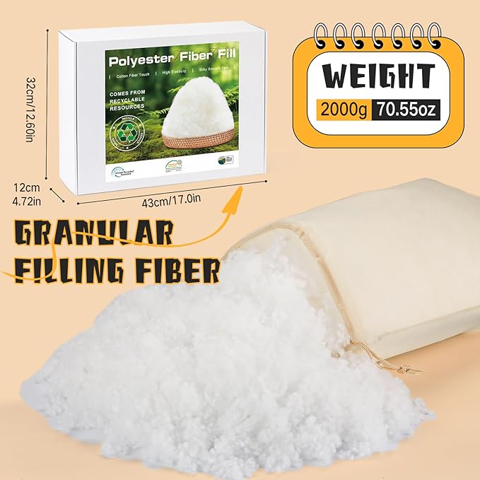 GarfxG Polyfill Stuffing, 4.4 LB/2000G Pillow Stuffing Premium Poly Filling Stuffing, Plant Fiber Filling with Certificate for Couch, Plush Pillows, Cushion, Stuffed Animals, Cloud Decorations