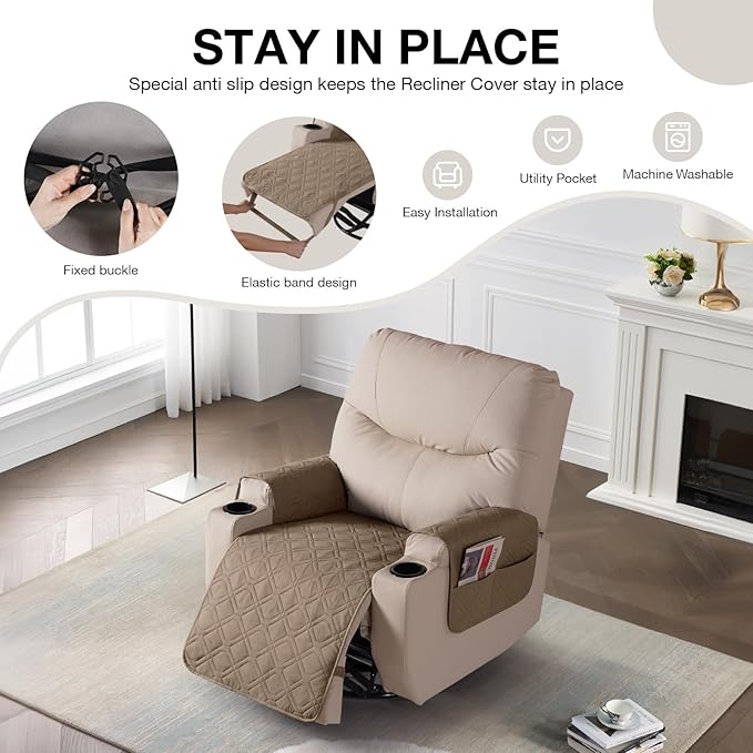 VANSOFY Recliner Chair Covers 100% Waterproof Seat Cover with Arm Reclining Cover Non-Slip Recliner Chair Covers Furniture Protector Washable Slipcover with Pocket for Pets, Dogs(Light Brown, 25")