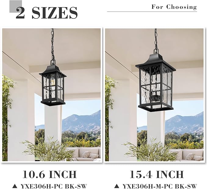 Emliviar Modern Outdoor Hanging Lantern with Dusk to Dawn Sensor, 10.6 Inch Pendant Lighting Fixture for Porch in Black Finish, Water Ripple Glass, YXE306H-PC BK-SW