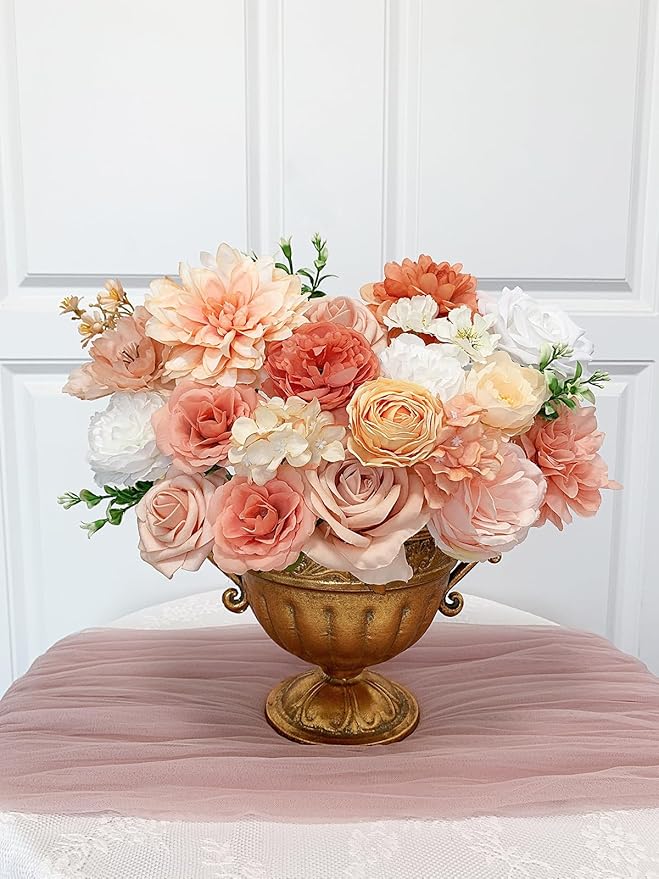 Roses Artificial Flowers Orange Fake Flower with Stems for DIY Wedding Bouquets Bridal Baby Shower Centerpiece Table Decorations Silk Faux Floral Arrangements for Party Home Decor Indoor Peach