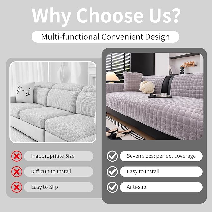 Velvet Couch Cover, Washable Sectional Sofa Cover, Anti Slip Sofa Slipcover for 3 Cushion Couch Sofa L Shaped Armrest Backrest, Furniture Protector Covers for Pets Kids(Light Grey, Only 1 PCS)