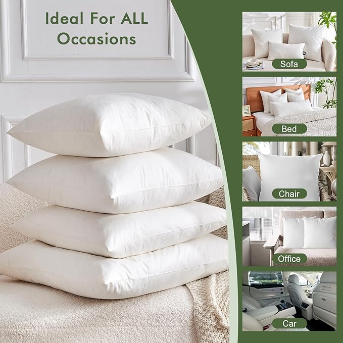 Feathers Down Throw Pillow Inserts 16 x 16, Set of 2, 100% Organic Cotton Shell, Soft Decorative Square Pillows Insert for Living Room Sofa, Couch, or Bed (White)