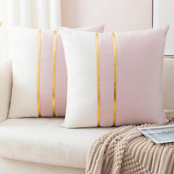 ZLINA Set of 2 Velvet Decorative Throw Pillow Covers Pink White Patchwork with Gold Leather Pillow Covers 24 × 24 Inch Cushion Covers Decor Living Room Sofa Bedroom Car