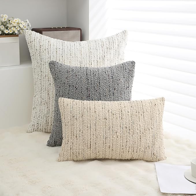 Textured Boucle Pillow Covers 18x18 Neutral Striped Throw Pillows Soft Modern Farmhouse Pillow Cases, 1pc Decorative Accent Square Couch Cushion Cover for Bed Chair Living Room, White