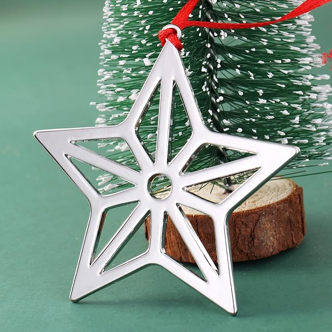 Set of 6 Christmas Hanging Ornaments,Silver Star Christmas Ornament for Xmas Tree Decor, Christmas Tree Ornament-Snowflake Reindeer Snowman Christmas Tree Ornament Gift (6, Star)