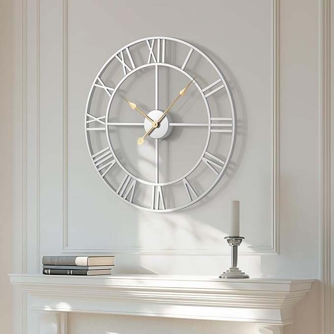 Cuspin Silver Wall Clock for Living Room Decor, 24 Inch Large Metal Wall Clock Modern Luxury Roman Numeral Analog Battery-Operated Round Decorative Clocks for Bedroom, Kitchen, Office