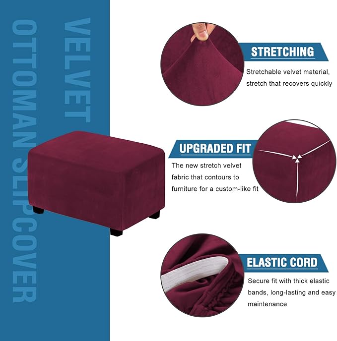 H.VERSAILTEX Real Velvet Plush 1 Piece Form Fit Stretch Rectangle Folding Storage Covers Ottoman Slipcovers Removable Footstool Protect Footrest Covers Elastic Bottom Washable(Large, Burgundy)