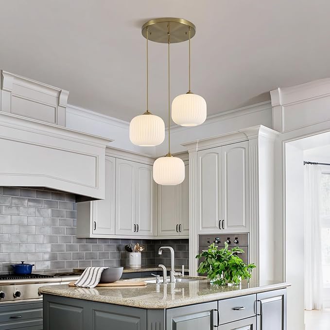 KCO Lighting Large 3 Light Cluster Chandelier Gold Globe Pendant Lights Kitchen Island White Ribbed Glass Ceiling Pendant Light Antique Brass Chandeliers for Dining Room