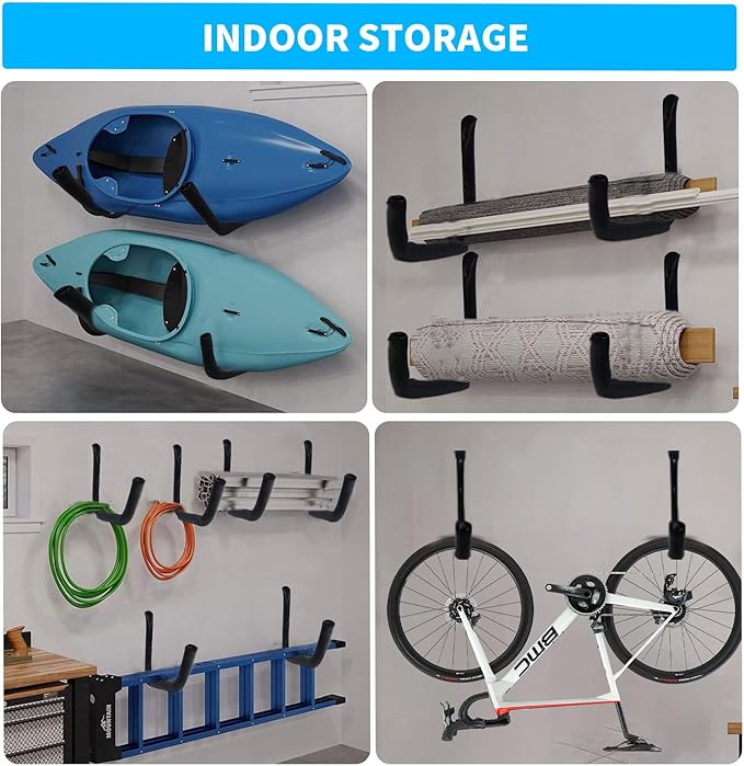 4 Pack Kayak Wall Mount Rack, Heavy Duty 120 LBS Garage Storage Hooks, 15 Inch Wide Utility Hangers for Canoe, SUP, Surfboard, Ladders, Lumber & Tools (Black)