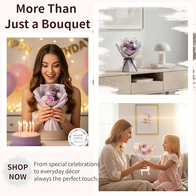 Soap Flowers Bouquet, Artificial Flowers in Gift Box with Gift Bag & Greeting Card, Flowers for Delivery, Pink Flowers Birthday Gift for Women Mom Wife Grandma Her