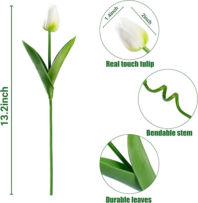 Sggvecsy 30 Pcs Fake Tulips Artificial Flowers Real Touch PU Faux Flowers Tulip Stems for Wedding Spring Bouquet Floral Arrangement Home Party Office Decorations for Mother's Day (Green White)