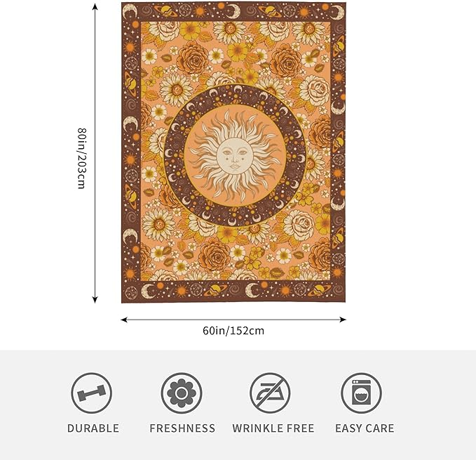 Sun Moon Bohemia Throw Blanket Soft Plush Fleece Blankets Warm Cozy Lightweight Fuzzy Blanket for Bed Sofa Couch Home Decor 80"X60"
