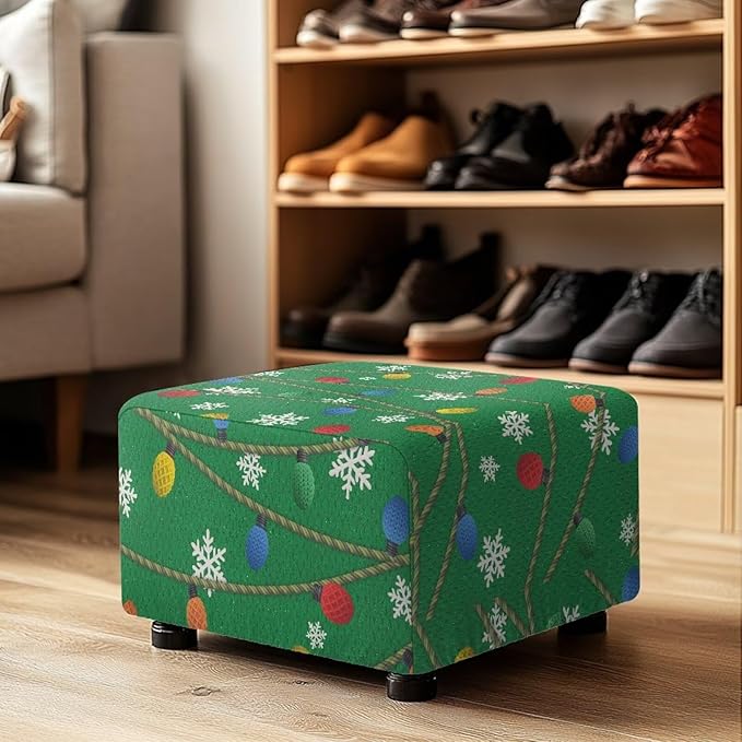 Christmas Light Snowflake Ottoman Cover - Elastic, Stretch Fit Slipcover for Rectangular Footstools, Machine Washable Holiday Decor, 30x24x15 Inch
