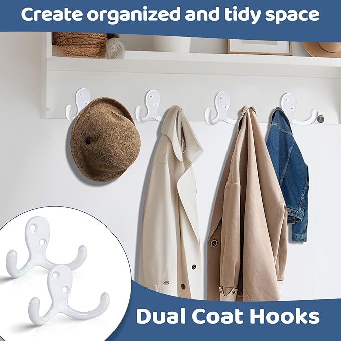 10 Pack Coat Hooks Wall Hooks for Hanging, Heavy Duty Double Prong Metal Hook Wall Mounted for Living Room, Bathroom, Kitchen, Bedroom for Coat, Bag, Scarf, Towel, Hat, Key, Cup (White)