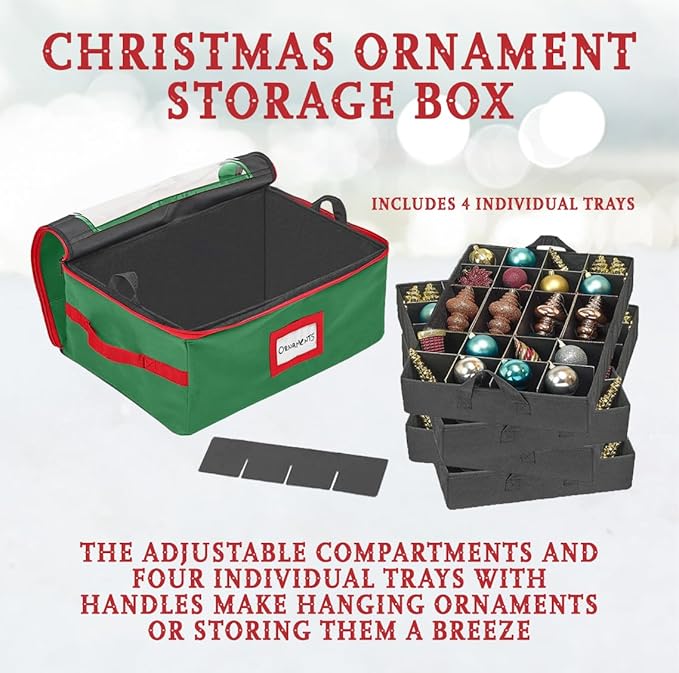 HOLDN’ STORAGE Christmas Ornament Storage Box with Dividers - Fits 96-3” Ornaments, 4 Removable Trays, Durable & Space-Saving, Clear Top Lid, Convenient Storage Designed, Green