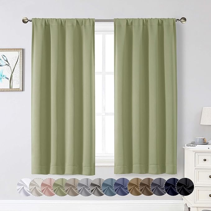 Sage Green Blackout Curtains for Bedroom Living Room 54 Inch Length 2 Panels, Soft Solid Insulated Room Darkening Curtains Drapes, Modern Rod Pocket Design, Sage Green, 2PCS Each 40" Wx54 L