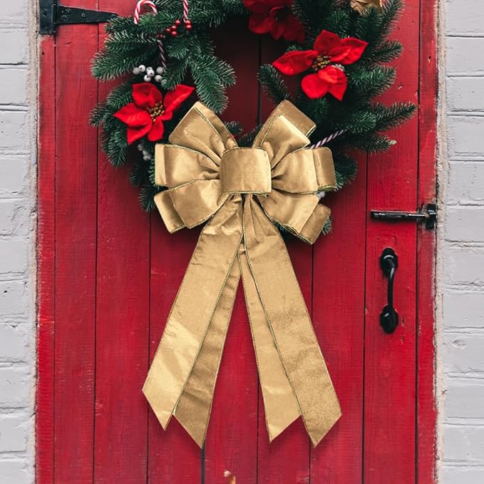 Vintage Champagne Wreath Bow - 20 * 11in Golden Edged Velvet Tree Topper Ornament for Xmas Winter Home Decor