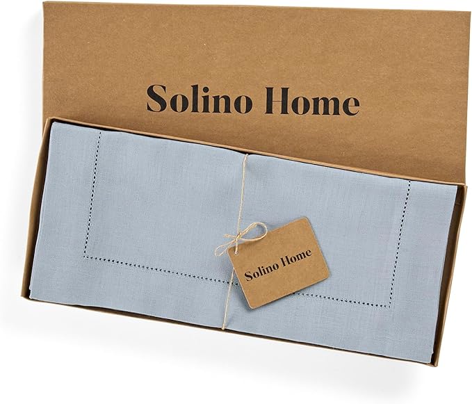 Solino Home Linen Dusty Blue Table Runner 90 Inches Long - 100% Pure Linen Hemstitch 14 x 90 Inch Table Runner for Dining, Winter, Spring, Easter - Classic Hemstitch