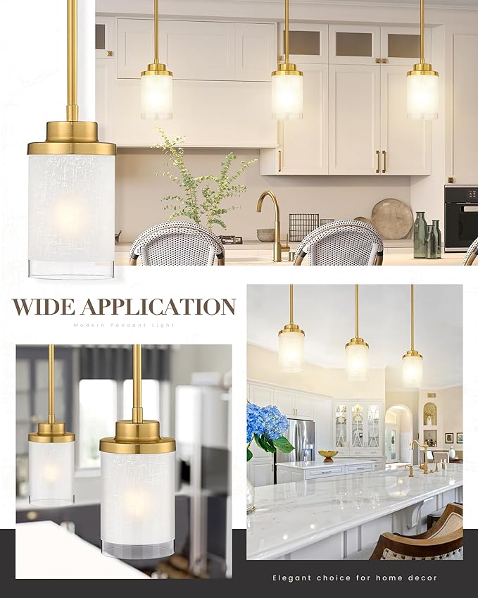 TENGXIN Modern Pendant Light for Kitchen Island, Brushed Gold Hanging Ceiling Light Fixture,Farmhouse Pendant Lighting for Dining Room Bedroom Bar Office 2Pack,TXPLBG01-2PK