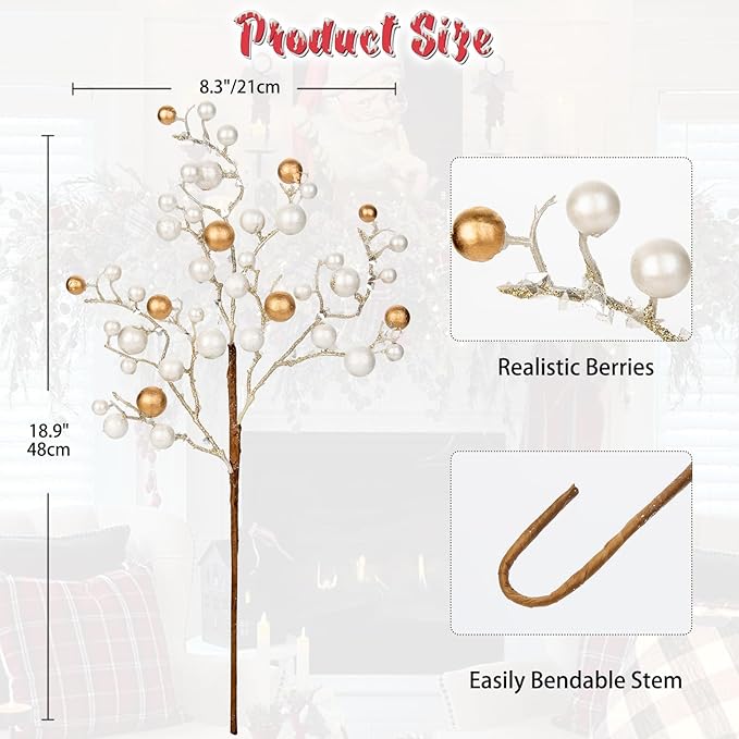 Hollyone 4 Pack Artificial Christmas Glitter Berries Stems, 19 Inch Fake White and Gold Holly Berry Picks with Ice Snow for Christmas Tree Wreath Floral Arrangements Holiday Home Vase DIY Crafts Decor