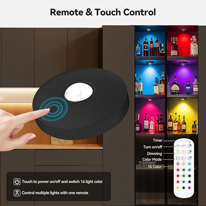 Rechargeable Puck Lights with Remote, 6 Pack Magnetic Under Cabinet Lighting, 1500mAh Battery Operated LED Tap Lights with Dimmer & Timmer for Kitchen, Closet, Shelf - 3 Color Temps & 12 RGB, Black