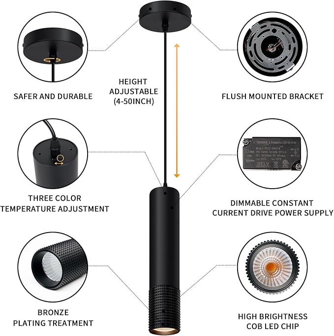 OKELI Black Pendant Light,LED Modern Pendant Lights Fixtures,3 Color Pendant Lighting for Kitchen Island, Bar,15W,2700K-6000K,ETL