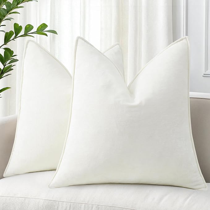 decorUhome Christmas Couch Throw Pillow Covers 18x18 Set of 2, Decorative Soft Euro Velvet Neutral Chenille Pillow Covers with Elegant Design for Sofa Bed Living Room Home Decor, Cream White
