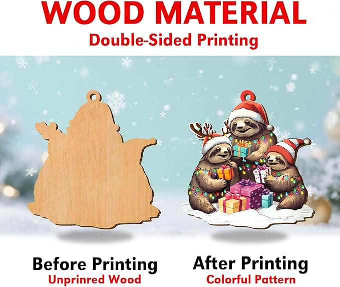 2-Sided Printed Sloth Family Wooden Christmas Ornament, Keepsake for Women, Men & Friends, Cute Sloth Christmas Tree Decoration