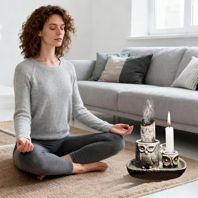 Comeon Palo Santo Holder, 4 in 1 Ceramic Owl Backflow Incense Burner Holder Candle Holder Sage Holder for Burning Bow(Grey)