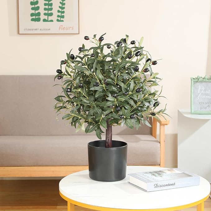 25.5” Tall Artificial Topiary Ball Olive Tree with Leaves and Fruits, Olive Boxwood Topiary Ball Potted Bushes UV Resistant Potted Plants for Garden Indoor Outdoor Home Decor
