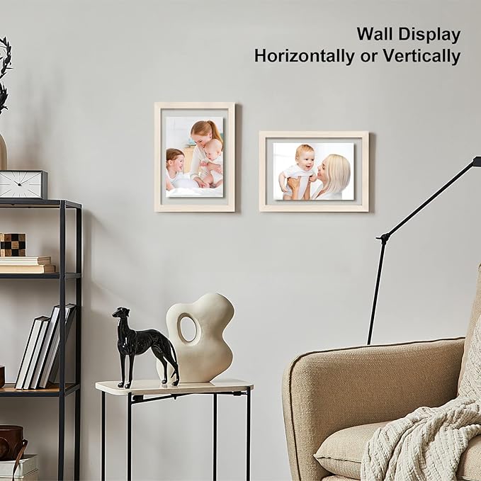 Egofine 5x7 Floating Frames Set of 2, Double Plexiglass Picture Frame, Made of Solid Wood Display Any Size Photo up to 5x7, Wall Mount or Tabletop Standing, Beige