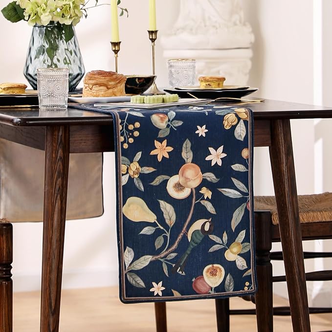 Linen Blue Table Runner 87 Inches Long,Vintage Rustic Farmhouse Bird and Flower Table Runners,Fall Table Decor for Christmas Thanksgiving Living Room Home Kitchen.12*87-Deweya Blue