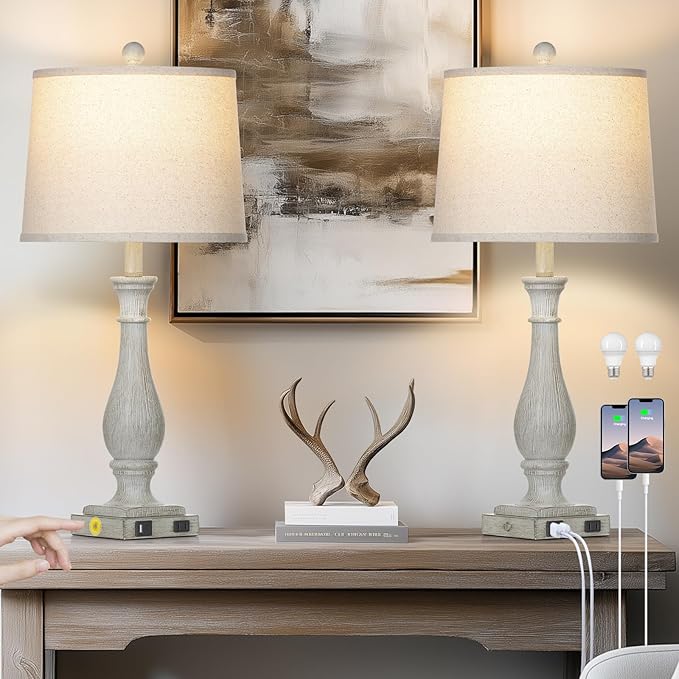 27.5" Farmhouse Table Lamps Set of 2 with USB C+A Ports & AC Outlet for Vintage Living Room Retro Bedroom, 3-Way Dimmable Touch Lamps Resin Bedside Lamps for Nightstand Side End Table, Grey