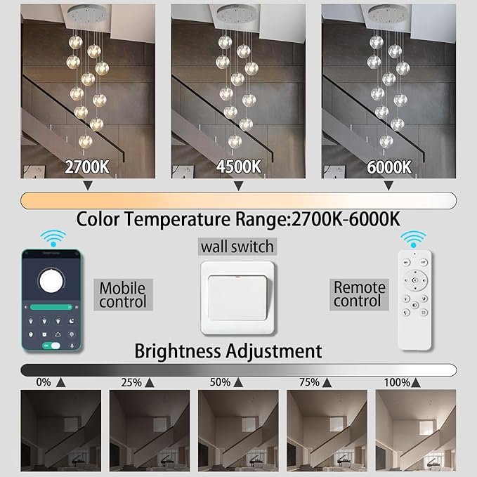 Silver LED Staircase Chandelier 10-Light Clear Glass Ball Chandelier Dimmable Pendant Lights Large Chandeliers for High Ceilings, Entryway Modern Chandelier for Villas and Stairwell